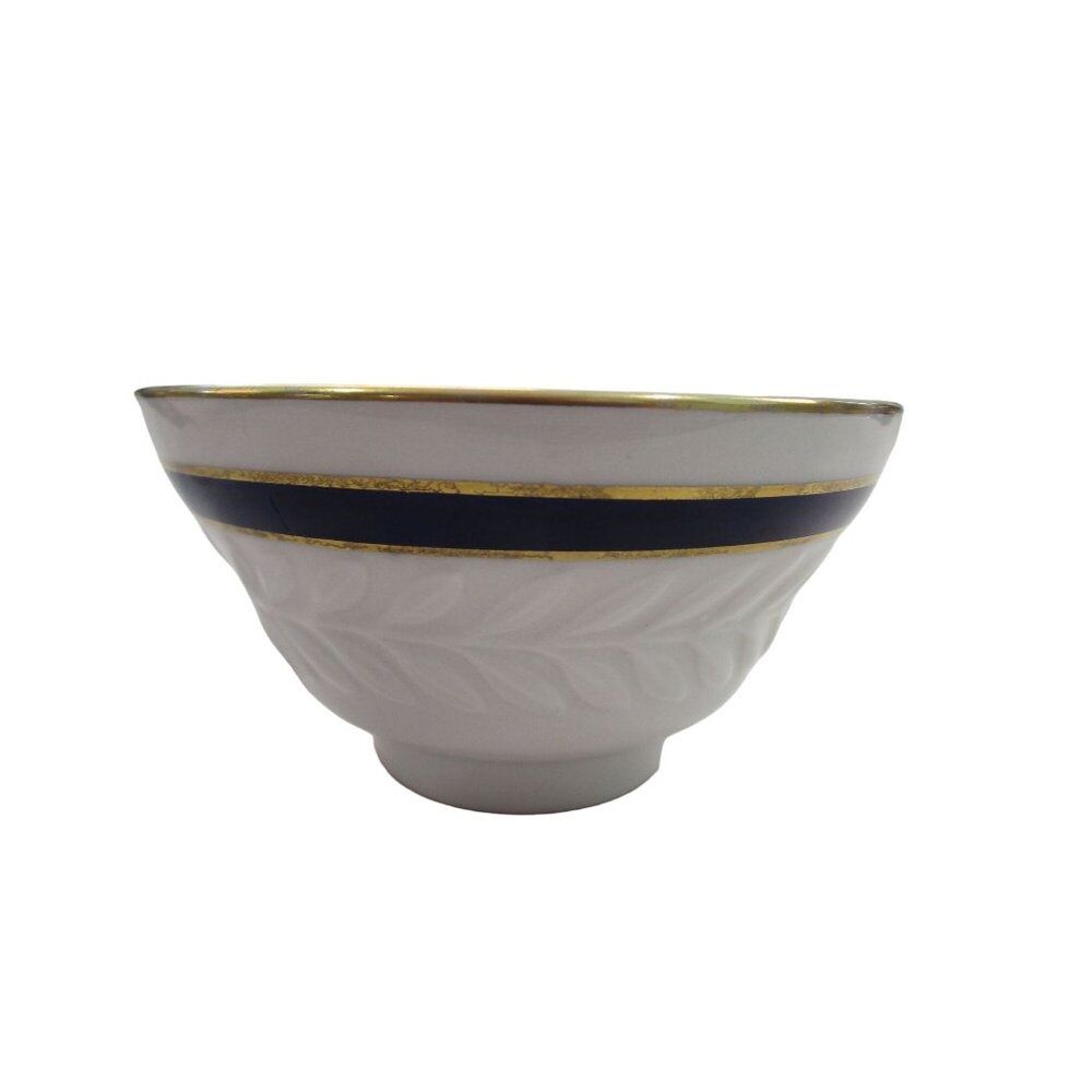 Shenango Soup Cup Embossed Laurel Leaf Cobalt Blue Gold Band Vintage GUC